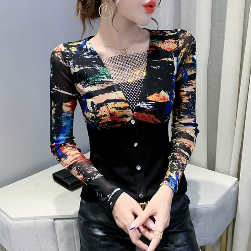 Roupas femininas 2024 novo estilo moda impressa camiseta malha costura topo magro All-Match camisa de fundo feminina de