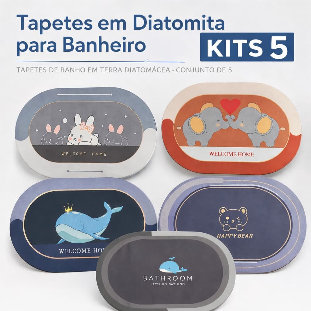 Kit 5 Tapetes de Banheiro Diatomita Antiderrapante Absorvente Secagem Rápida Antibacteriano