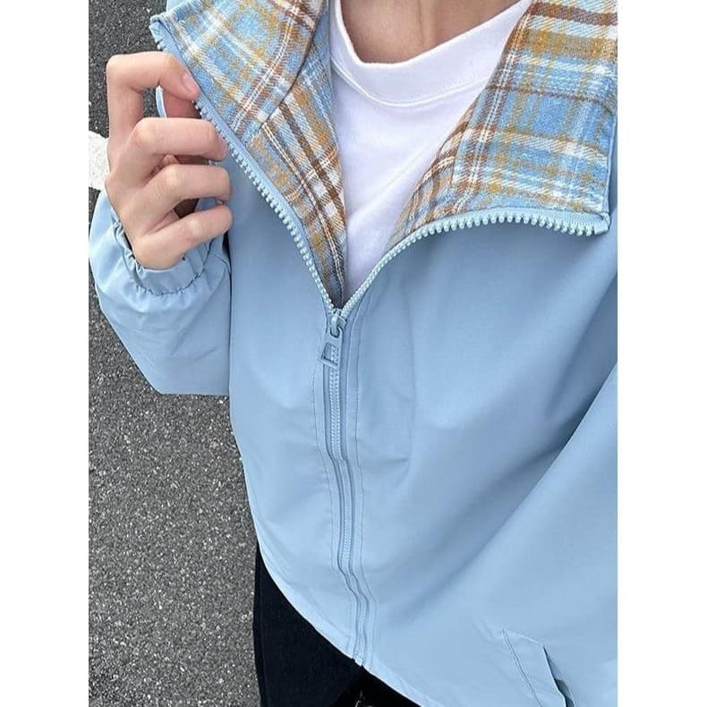 Jaqueta xadrez outono exterior Wear casal jaqueta novo estilo americano gola alta jaqueta das mulheres dos homens mesmo