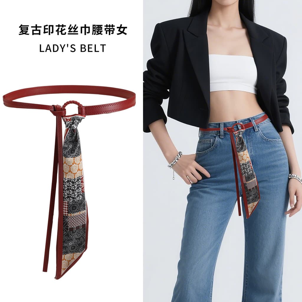 Lenço de seda cinto anel gravata estilo vermelho moda cinto feminino vestido decoração calças de perna larga cinto fino