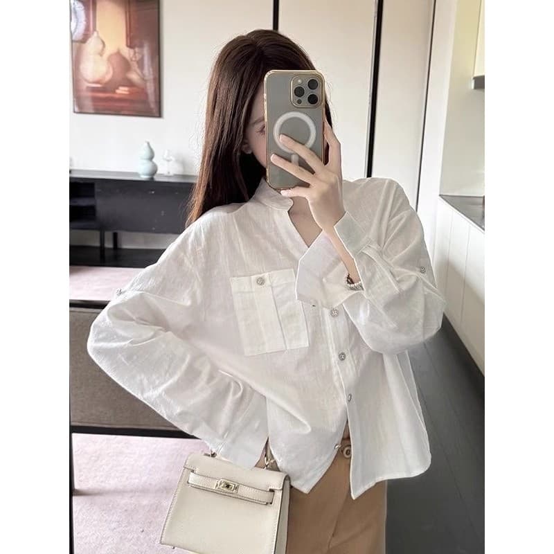 Exterior fino com decote em V manga comprida branco protetor solar camisa jaqueta feminina verão 2025 novo estilo luz lu