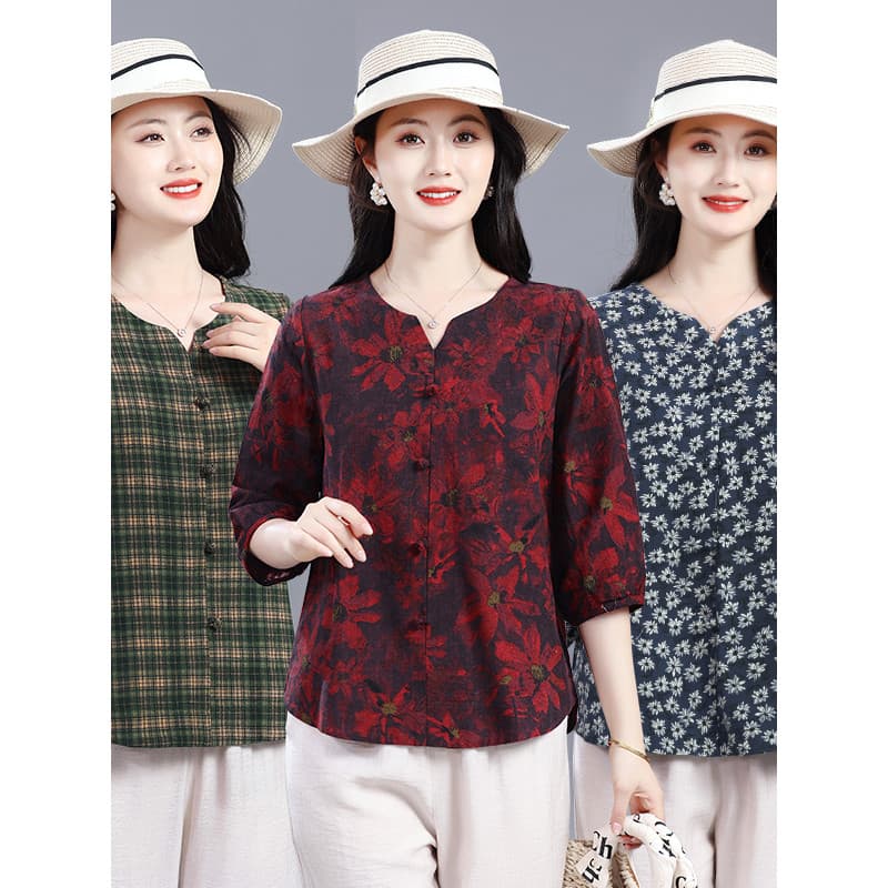 Mulheres idosas de meia-idade roupas de outono roupas de mãe novo estilo de manga média solta camiseta Floral algodão li