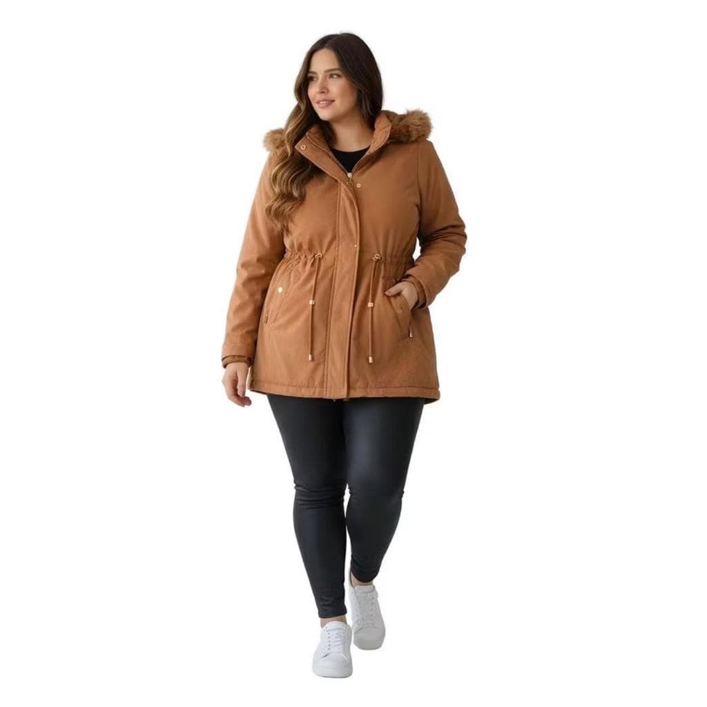 Jaqueta parka sarja feminina peluciada com capuz removivel plus  size