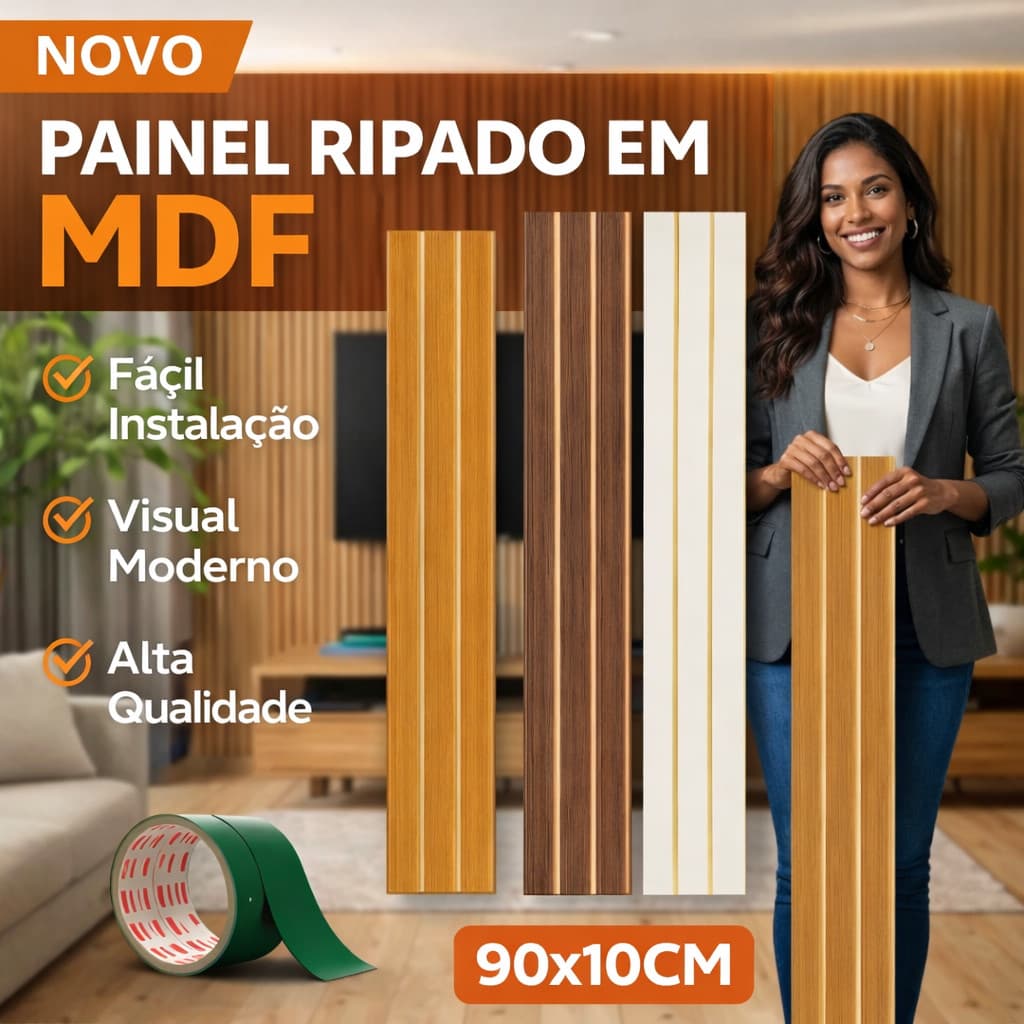 Painel Ripado 90x11 MDF Autocolante Dupla Face 3M para Sala e Quarto