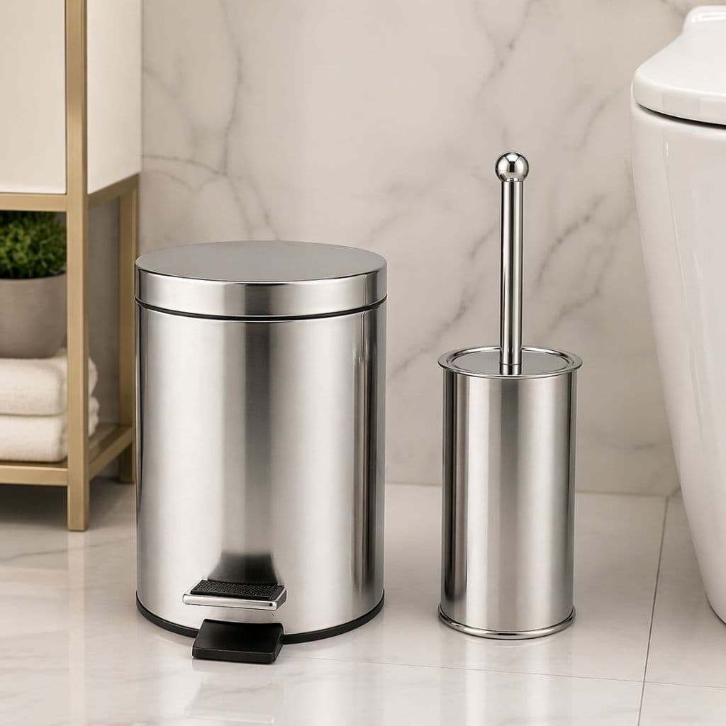 Kit Lixeira 8L + Escova Sanitária P/ Banheiro Luxo Chique Premium Inox Durável - Vencedor