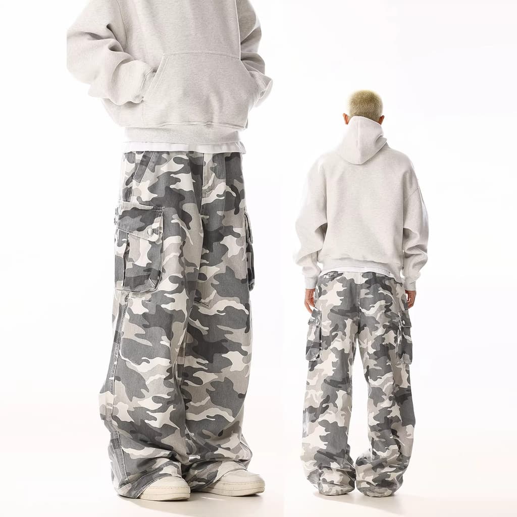 Americano Retro camuflagem macacão masculino High Street Multi-bolso solto Casual em linha reta calças de perna larga fe