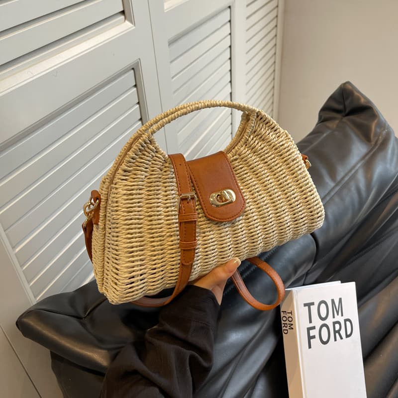 Bolsa de palha tecido cesta praia férias ombro saco do mensageiro forro oco sacola cesta vegetal feminino 2025