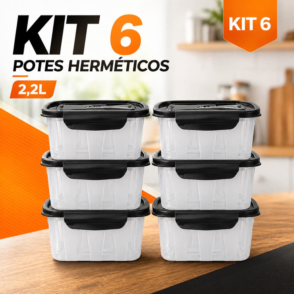 Kit com 6 Pote Marmita 2.2L com Trava Lateral Livre de BPA para Alimentos