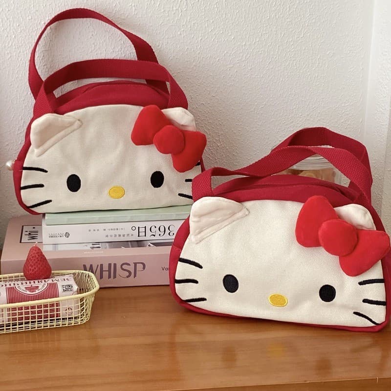 Gato Vermelho Bolsa Dos Desenhos Animados Menina Coração Japonês Bonito Saco De Maquiagem Portátil Lona