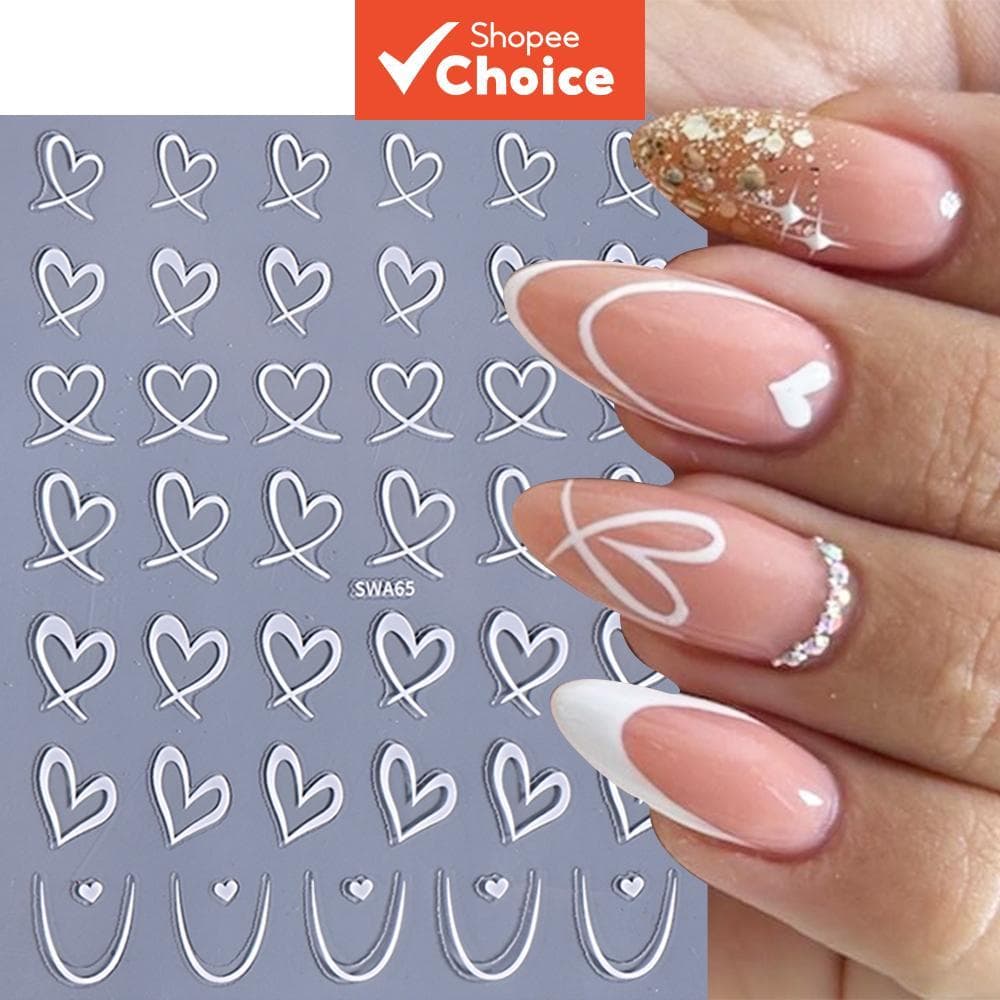Adesivos de Arte de Unhas com Padrão de Coração, Linhas Pretas, Brancas e Rosas, Decorações DIY para Manicure