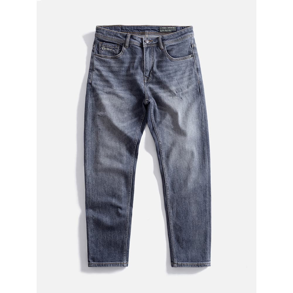Outono pesado Retro lavado Jeans Micro-estiramento estilo japonês em linha reta calças casuais magro-ajuste calças compr
