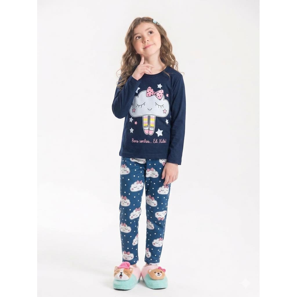 Conjunto Pijama Infantil Feminino Nuvem Sonhos Manga Longa Confortável - Azul Marinho