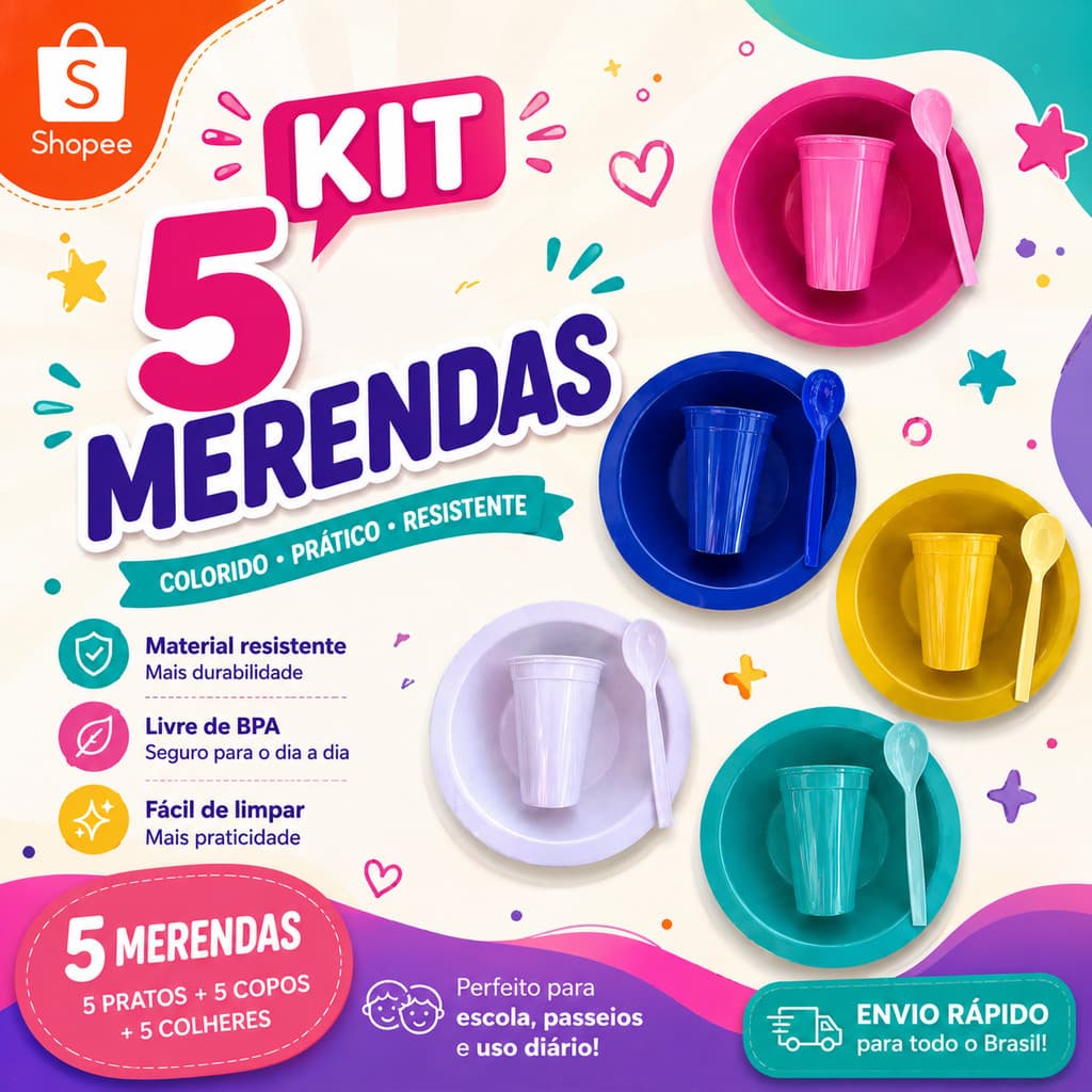 5 kit prato + colher + copo cores vivas resistente não quebra servir bolo festa refeição aniversario