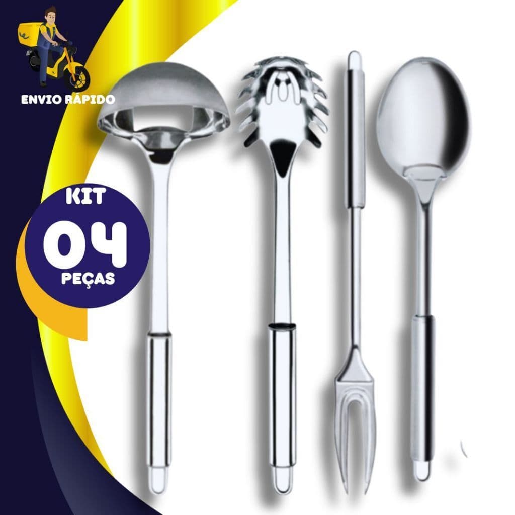 Kit Completo 4 Peças em Inox Utensilios de Cozinha, Pegador Concha Colher Escumadeira Pegador de Massa