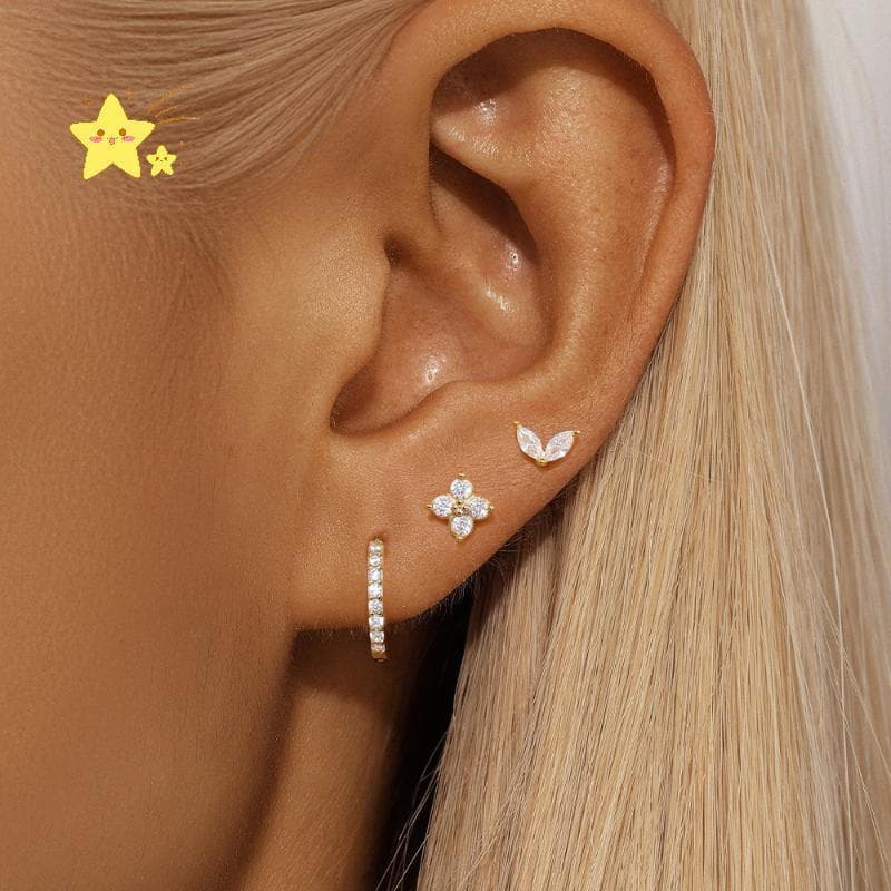 [JBTH] 3 Peças De Brincos De Orelha De Flor De Zircônia Fofos Da Moda Feminina Banhados A Ouro 18K Estrela Brinco Pierci