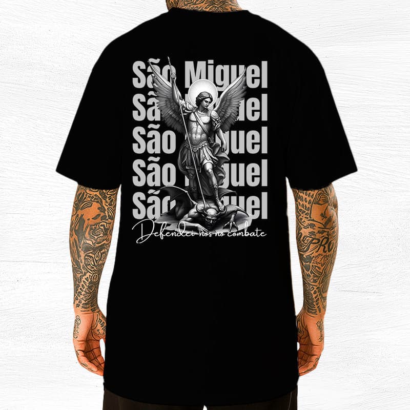 Camiseta São Miguel Arcanjo Defenda-se no Combate Estampa Algodão Premium 30.1