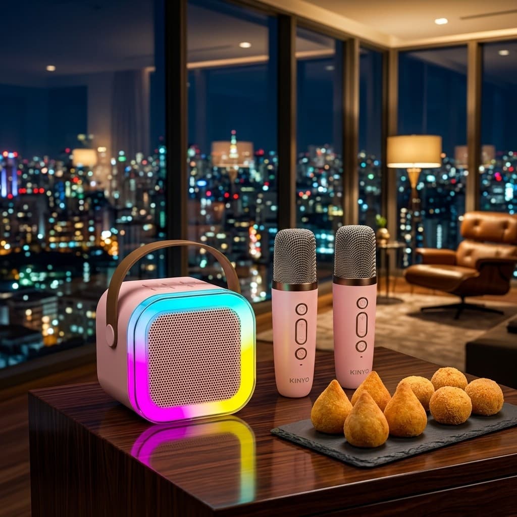 Caixa De Som Portátil Kawaii Karaoke K12 Com Microfone Duplo Sem Fio Recarregável
