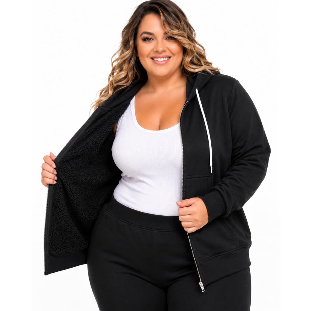 Casaco Moletom Feminino Plus Size com Zíper Pelúcia Interna  Quentinho Inverno M AO G1