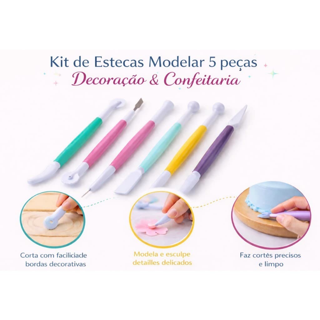 Kit Estecas Confeitaria 5 Peças Modelagem Fondant Pasta Americana Ferramentas Decoração Bolo
