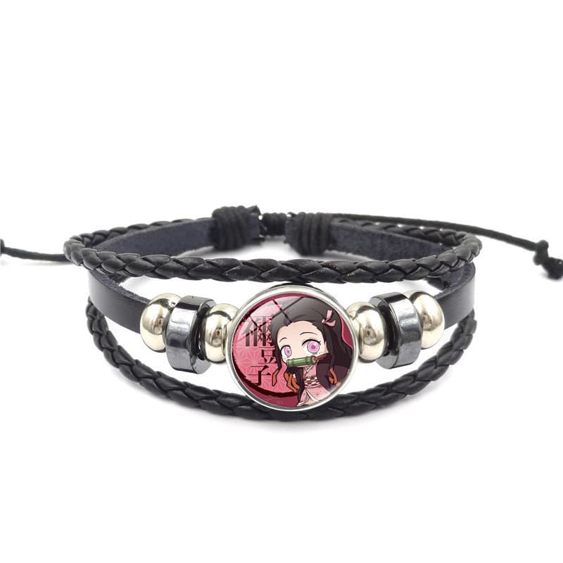 Anime Demon Slayer Time Gem Pulseira de couro Portão de cozinha Nezuko Zenitsu Pulseira trançada com contas multicamadas