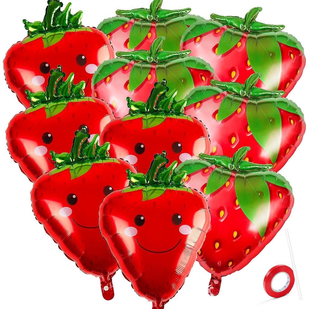 10 Balões de Morango Sorridente Mistos, Balões de Folha de Morango - 28 Polegadas, Decorações de Festa de Morango com Fi