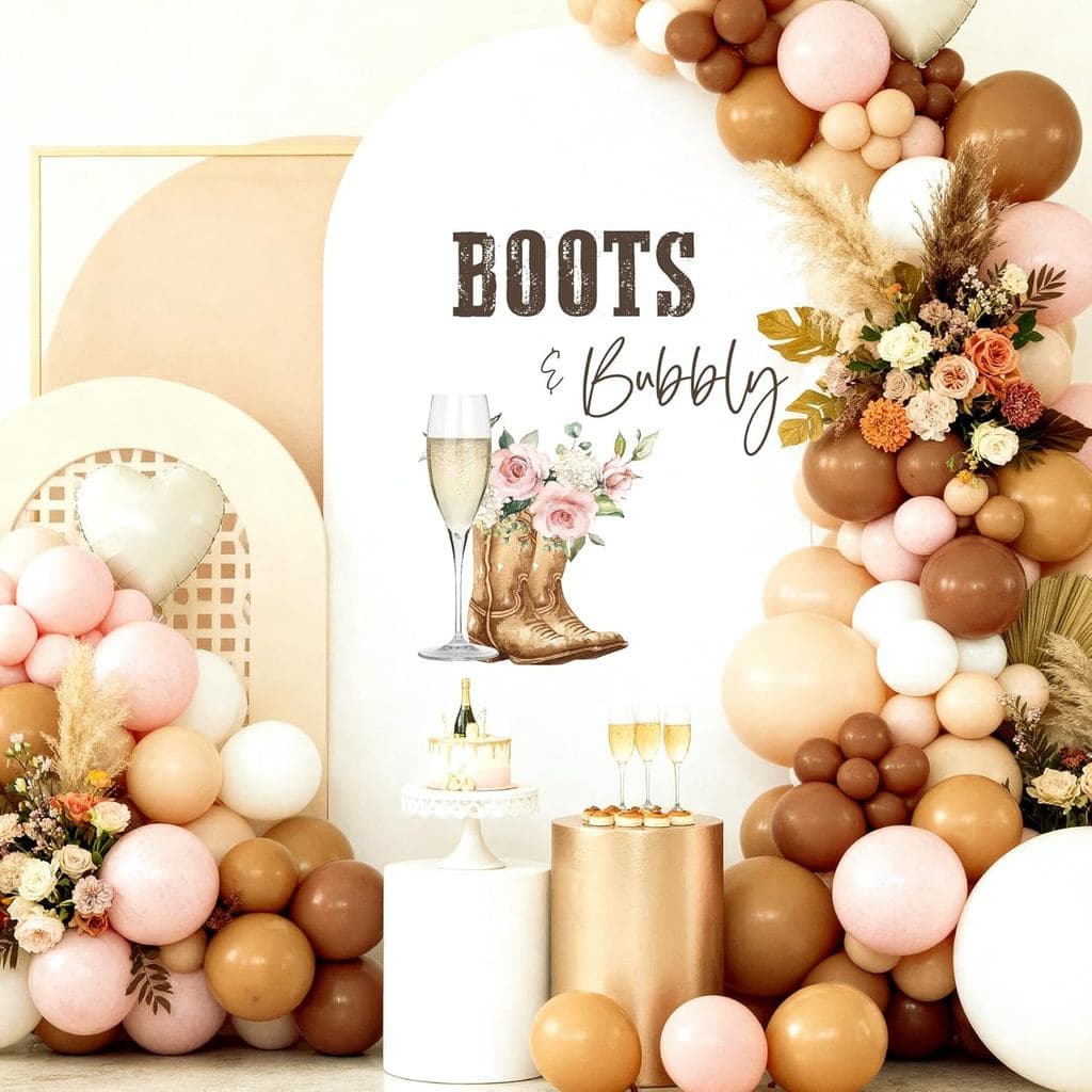 Decorações para Chá de Panela com Tema de Botas e Espumante - Adesivo Decorativo "Botas e Espumante" para Arco de Balões