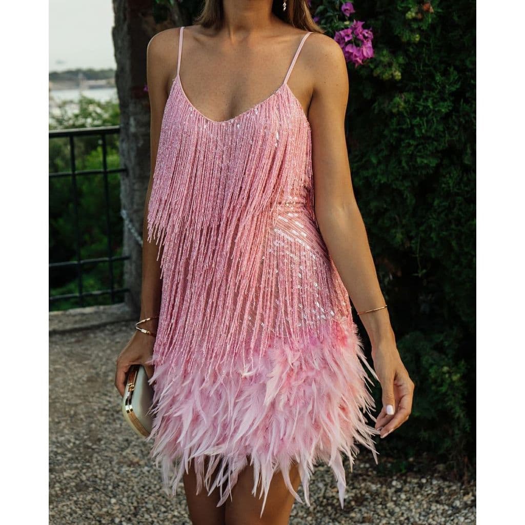 Vestido de borla da moda europeia americana Vestido de borla rosa