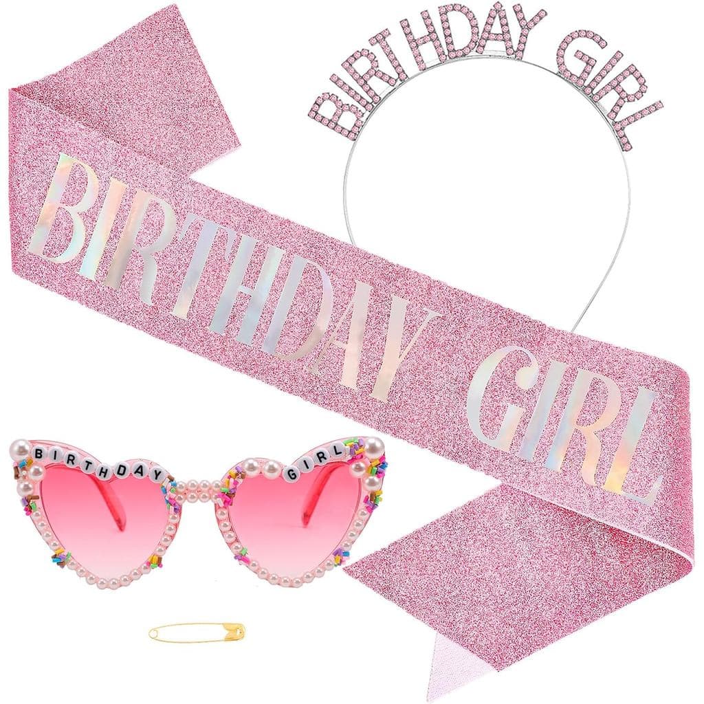 JATEBI Conjunto de 3 Peças para Aniversário de Menina: Faixa, Coroa e Óculos. Faixas com Glitter, Coroa de Strass, Óculo