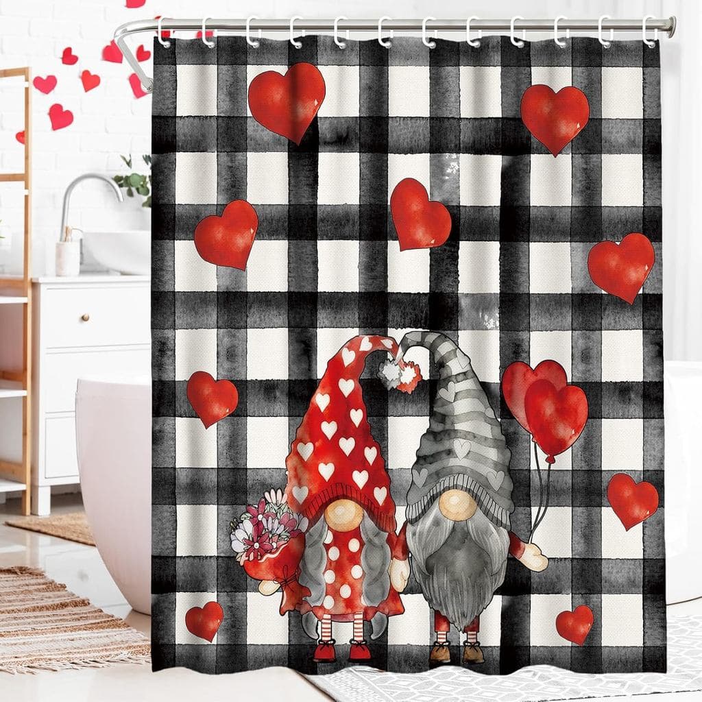 Cortina de Banheiro para o Dia dos Namorados com Estampa de Corações em Aquarela e Gnomos, Conjunto de Cortinas Decorati