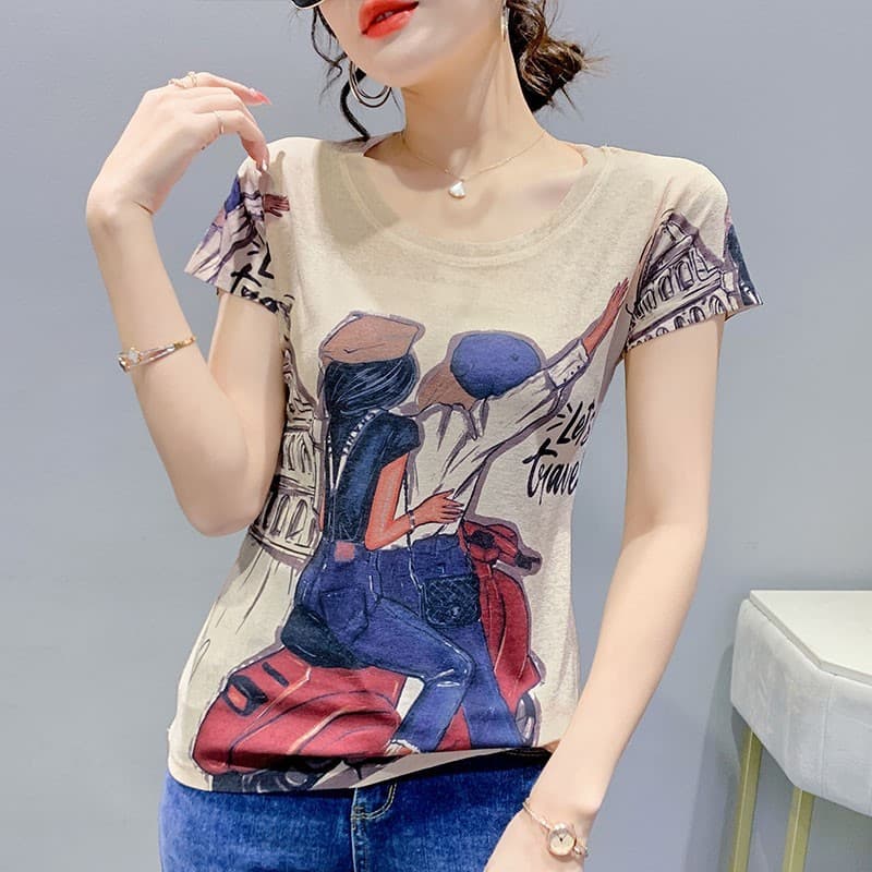 2024 verão novo estilo bens europeus fino-ajuste meia manga topo feminino moda mais magro olhar criativo dos desenhos an