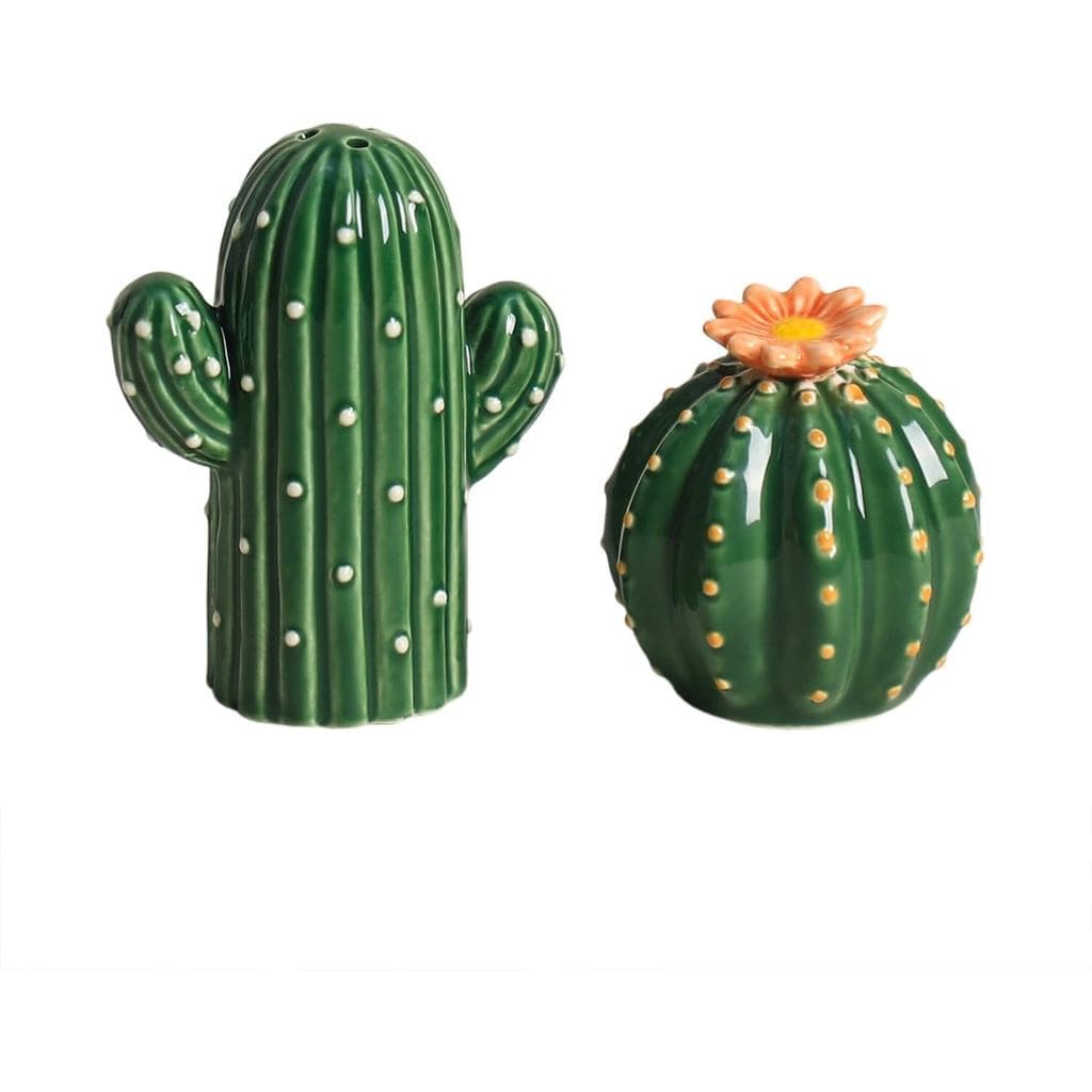 Conjunto de Saleiros e Pimenteiros em Forma de Cacto de Cerâmica, Pintados à Mão, 2 Peças