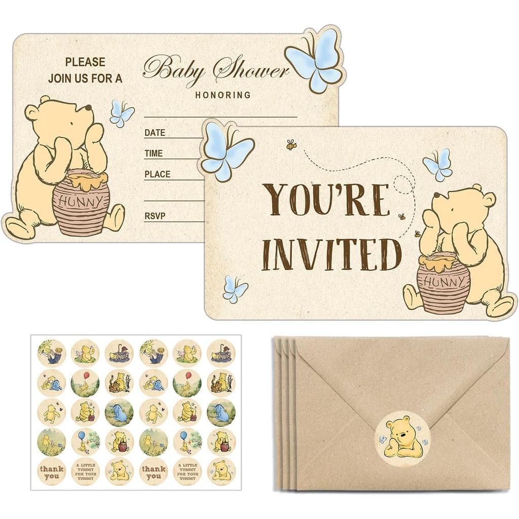 Chá de Bebê Winnie, Convites para Chá de Bebê Winnie, Convites Winnie com Envelopes e Adesivos, Convites para Festa de A