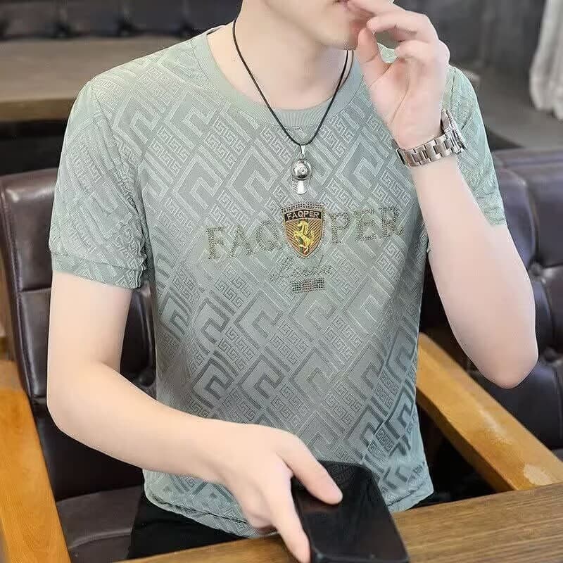 Europeu Street Wear camiseta masculina de manga curta verão gelo seda Jacquard quente diamante meia manga verão masculin