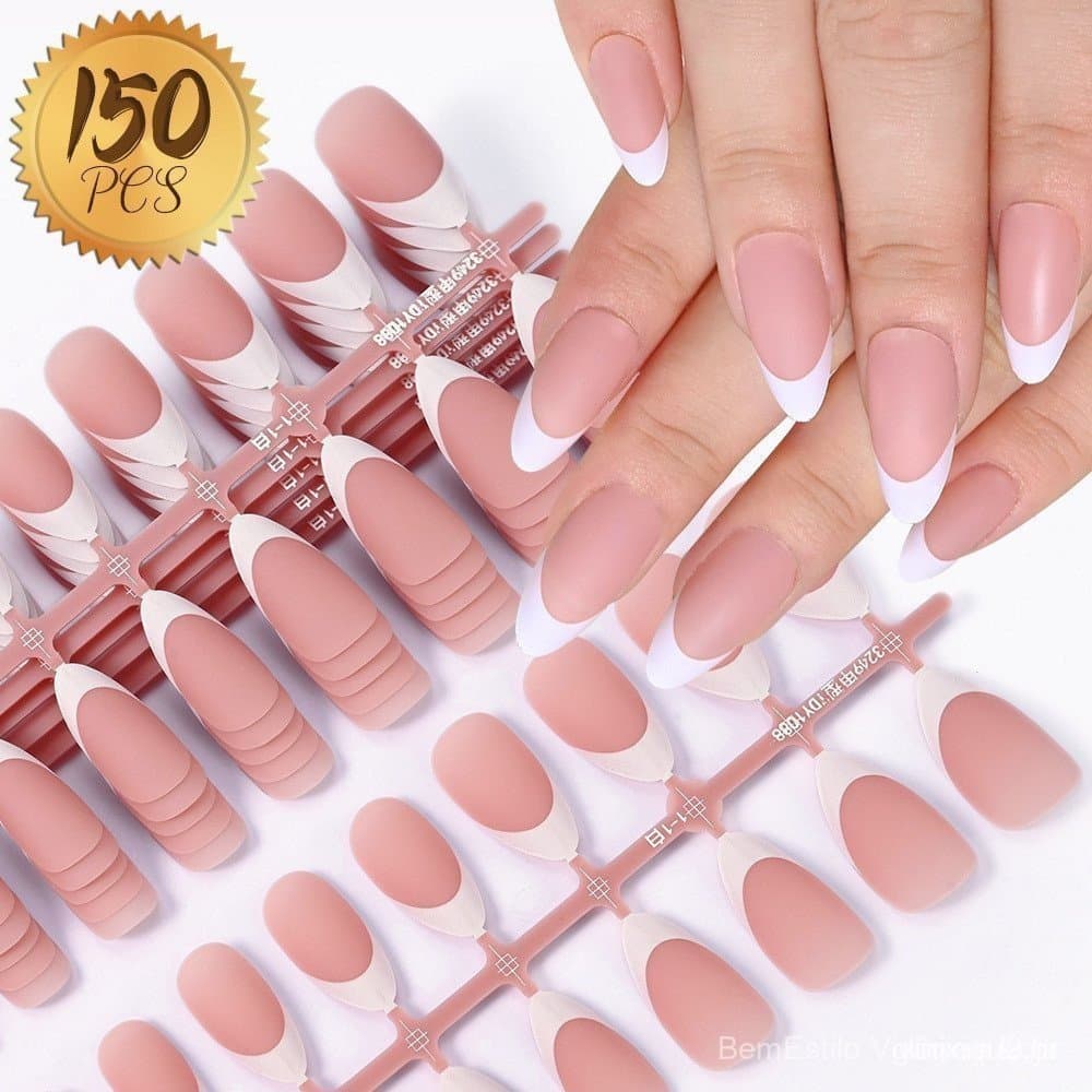 150 Pçs Unhas Pré-Aplicadas Pontas Francesas Imprensa Na Ponta Primer E Base Casaco 15 Tamanhos french Gel Macio Falsa