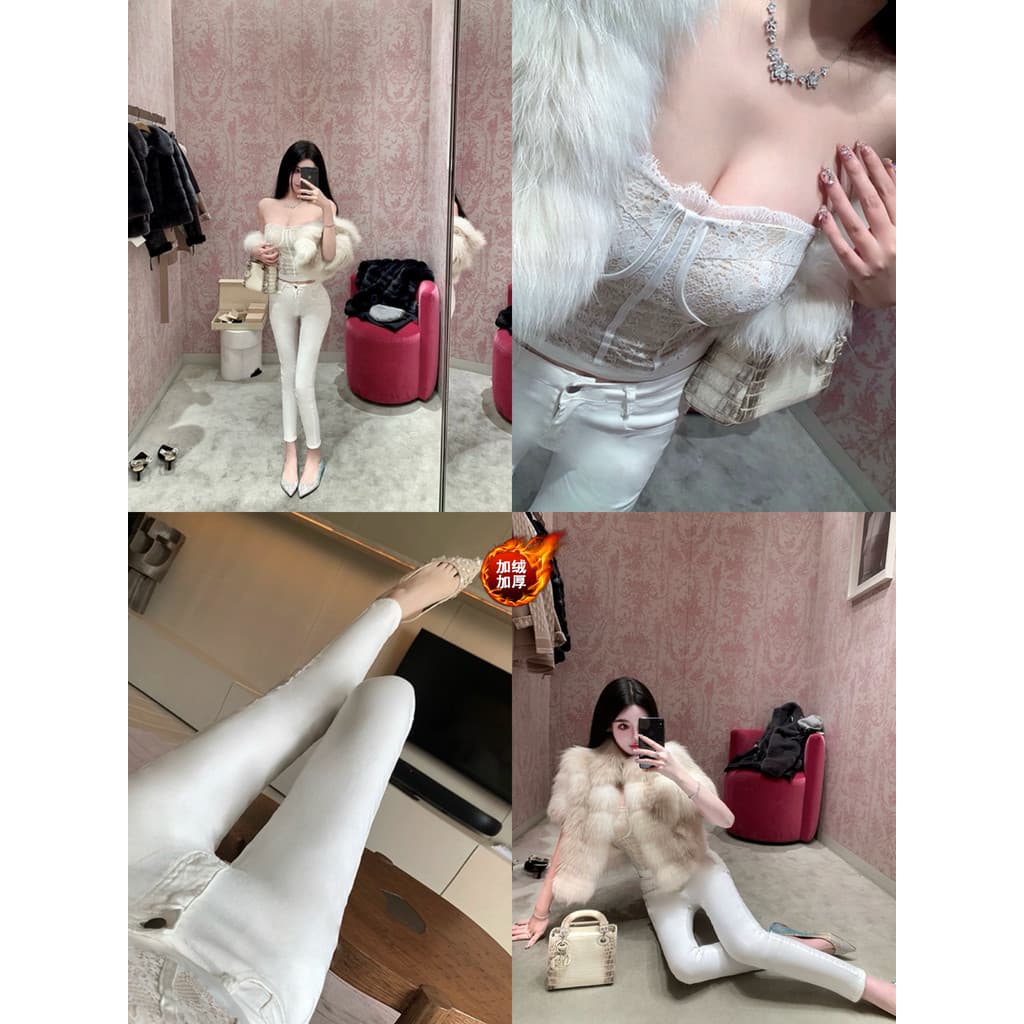[Corpo feminino coreano] estilo feminino coreano forro de lã levantamento de bunda calças justas de perna reta estreitam