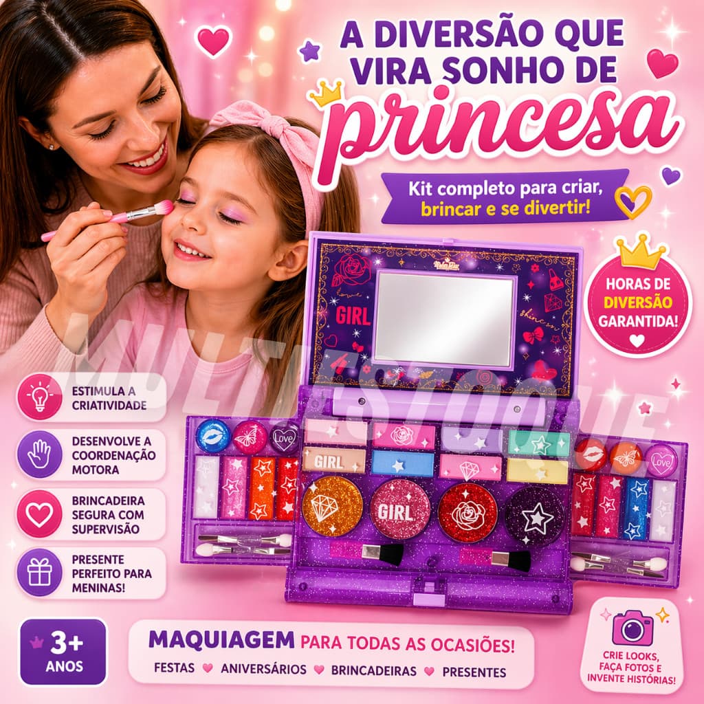 Kit Maquiagem Infantil Completo com Espelho Estojo Dobrável + Acessórios | Presente Menina