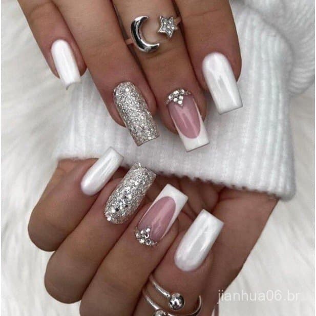 24 peça unhas postiças realista decoradas em gel francesinha com diamantes 3D arte unha bailarina brilhante