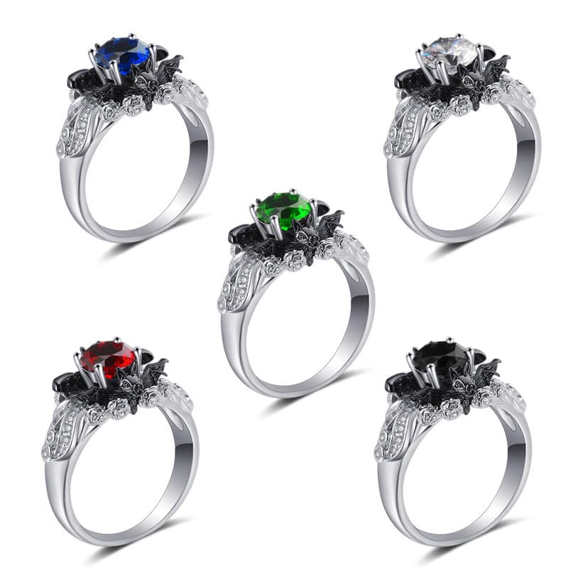 Anel bicolor com tema de morcego para homens e mulheres com pedras coloridas elegantes.