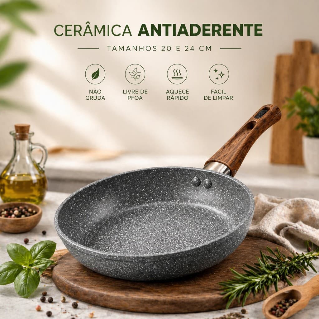 Frigideira Indução Revestimento Nano Cerâmico Antiaderente Não Gruda Frita Sem Óleo 20cm ou 24cm