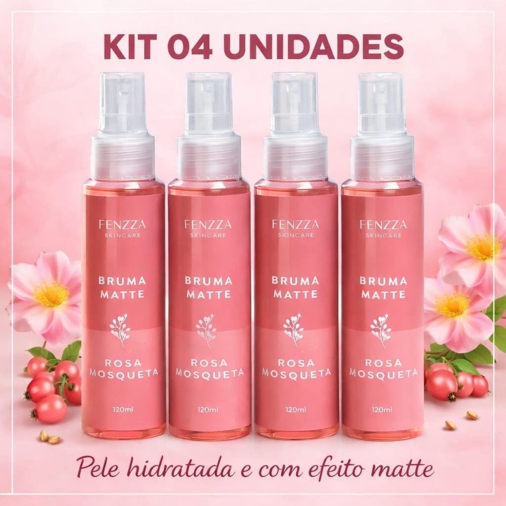 Kit 04 Unidades Bruma Extrato de Rosa Mosqueta Fixadora de make Longa duração Hidrata e Refresca