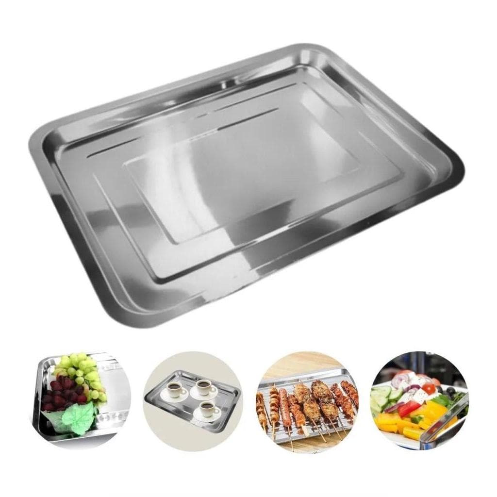 Bandeja Retangular de Inox 36x27cm Rasa Café, Saladas e Porções em Restaurantes, Bares e Mesa Grande