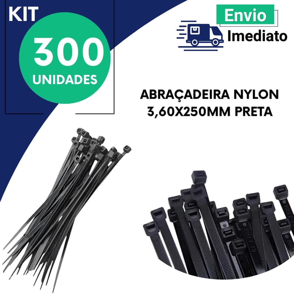 Abraçadeira de Nylon 3,6x250mm Preta Enforca Gato Reforçada Organizador Cabos Kit 100 200 300 Unidades