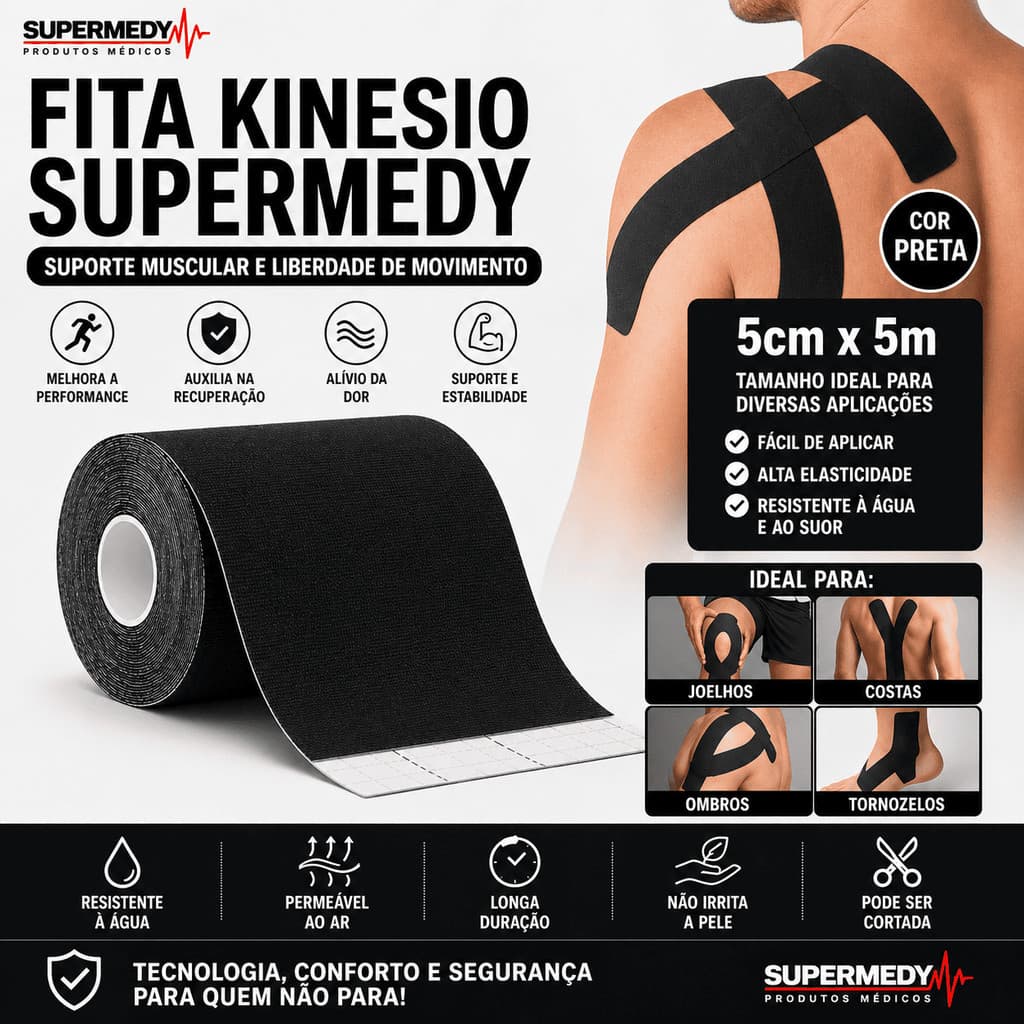 Fita Kinesio Supermedy 5cm x 5m Preto Bandagem  Terapêutica  Muscular Fisioterapia Esportiva