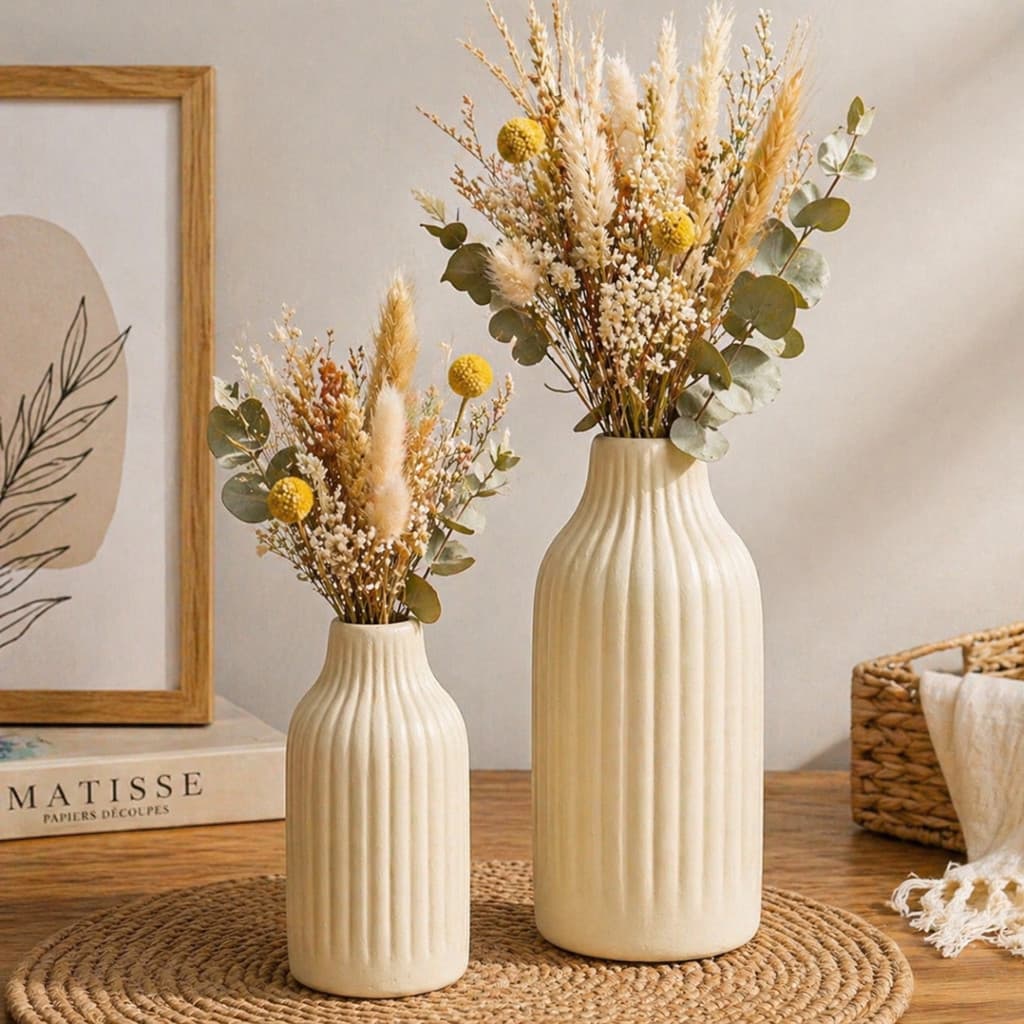 Dupla Vaso Decoração Cerâmica Enfeite Moderno Decorativo Sala Canelado Vasinho Cachepot Mãe Presente