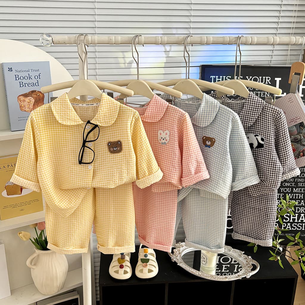 Crianças roupas de verão roupas para casa terno meninos xadrez dos desenhos animados pijamas bebê menina manga três quar