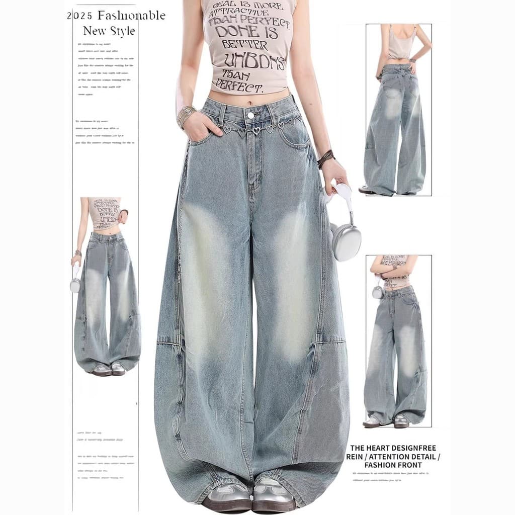 Americano Retro Hip-Hop rua luz azul Machete Jeans feminino 2026 calças soltas de perna larga