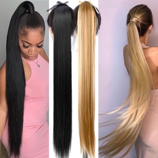 85 Cm Super Longa Reta Rabo De Cavalo Peruca Cordão Postiços Grampo Na Extensão Do Cabelo Sintético Para As Mulheres