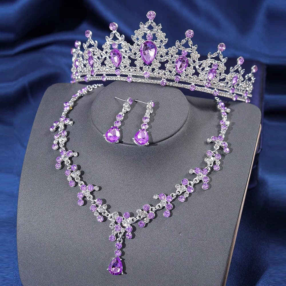Conjunto de 3 Peças: Colar e Brincos Elegantes com Coroa de Strass, Acessórios de Cabelo para Festa de Aniversário de Ra