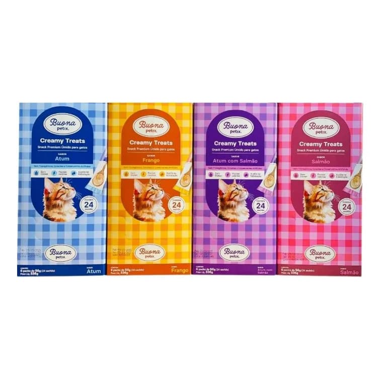 Combo 4 Sabores Buona Petix Creamy Gatos Cx 96 Sachês Mistos (24 Atum, 24 Frango, 24 Salmão e 24 Atum com Salmão)