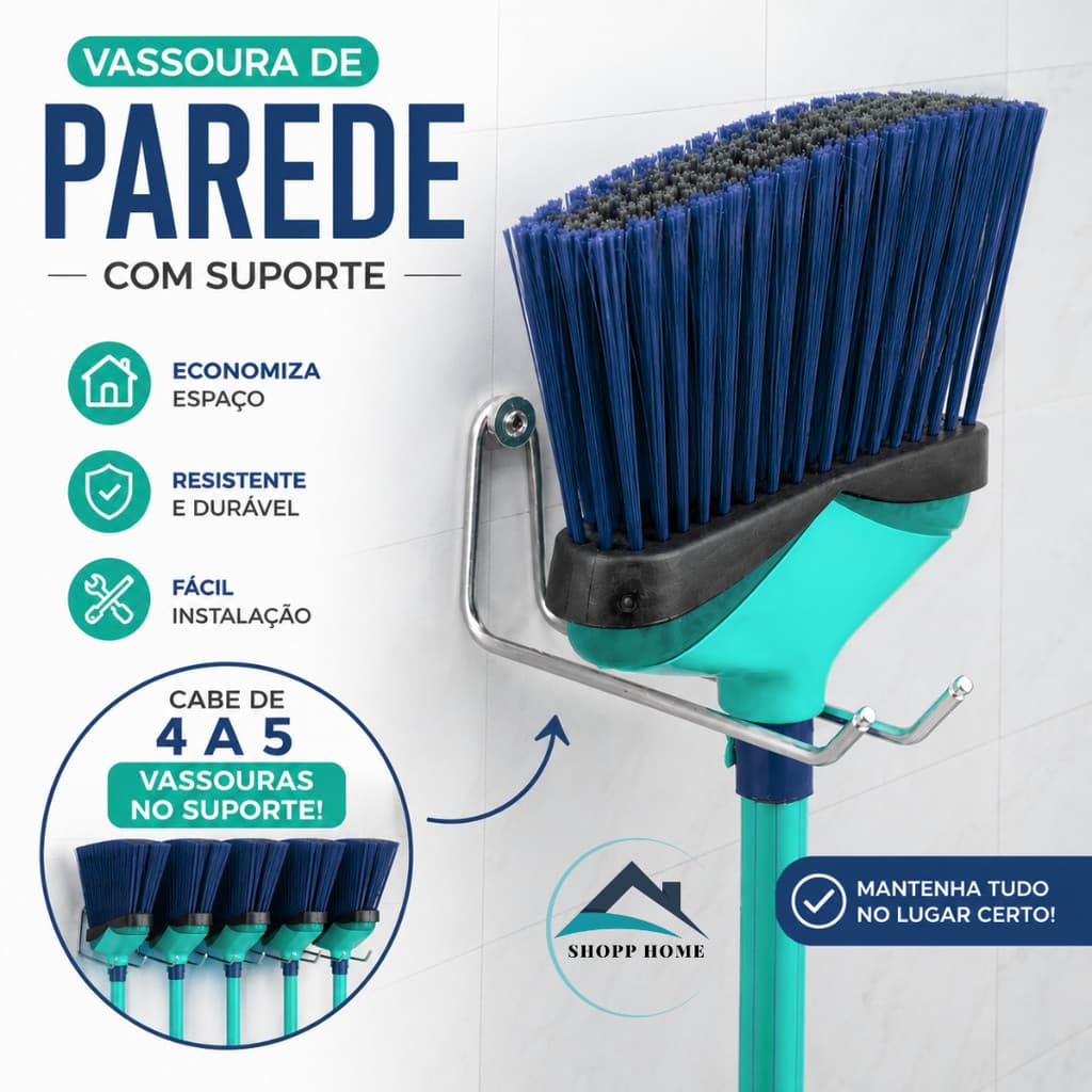 Porta Vassoura de Parede em Alumínio – Suporte para Rodo, Vassoura, Mop E Utensílios